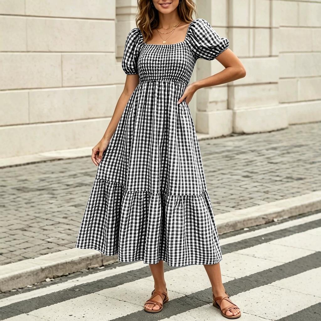 Large Size Summer Idyllic Bubble Sleeve Cake Dress Vichy Square Neck High Waist Dress