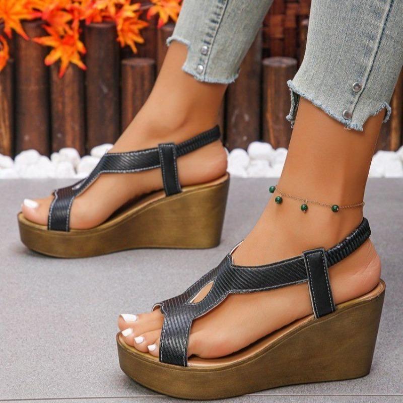 

Fashion Sandals Women S Shoes Fashion Slope Heel Hollowed Out Elastic Strap Thick Bottom Height Increase Leaky Toe Woven Platform Heels 36 чёрный