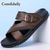 Men Simple Beige Flats Slippers Summer Brown Roman Sandals Retro Black Leather Wide Head Beach Shoes Plus Size