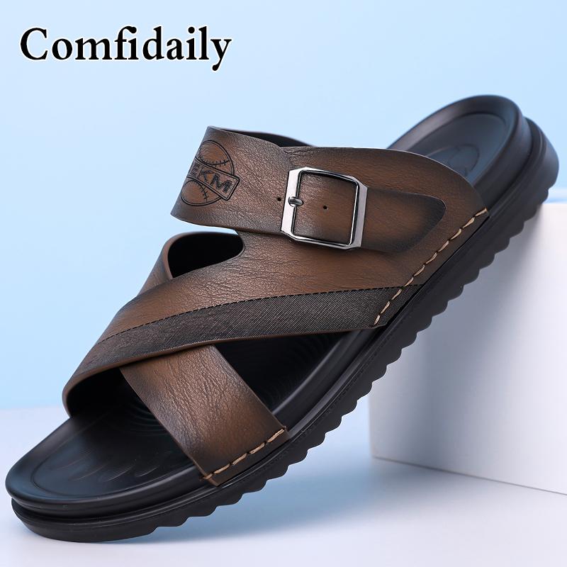 Men Simple Beige Flats Slippers Summer Brown Roman Sandals Retro Black Leather Wide Head Beach Shoes Plus Size