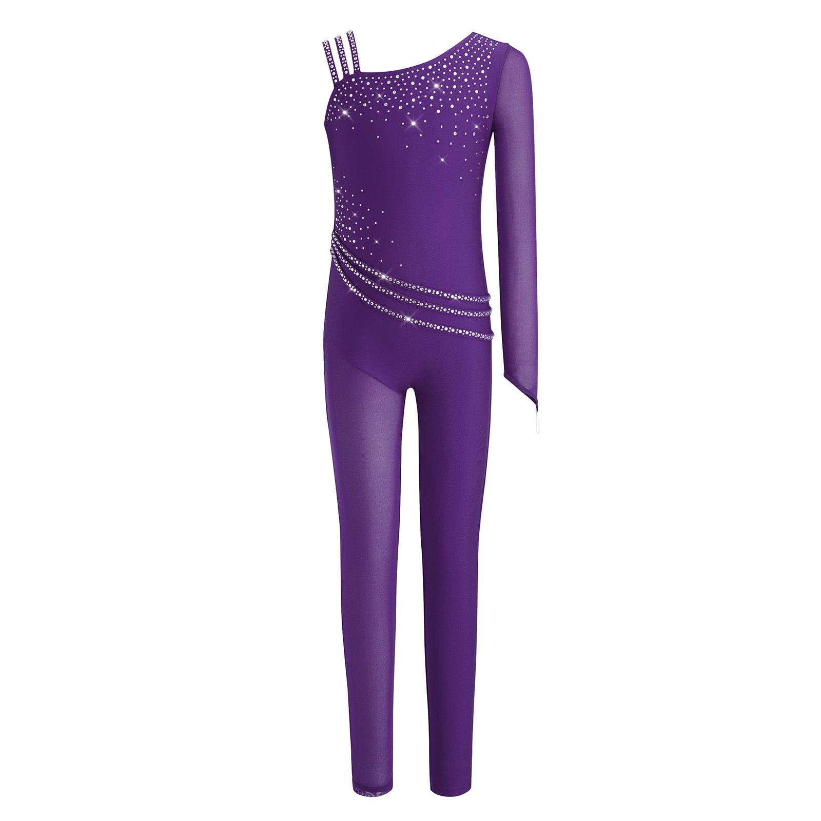 

Girls Asymmetrical Figure Skating Jumpsuit Back Invisible Zipper Mesh Patchwork Sparkly Rhinestones Bodysuit 5-6 Years фіолетовий