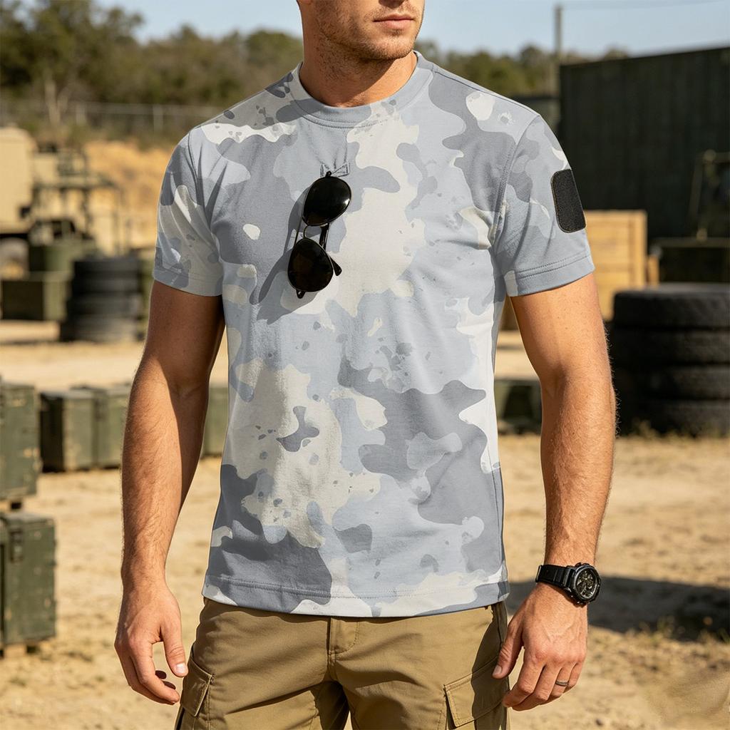 Men's Tactical Outdoor Quick Dry Short Sleeve T Shirt Loose Fit Breathable Crew Neck Camouflage Print with Hook and Loop Patch Area