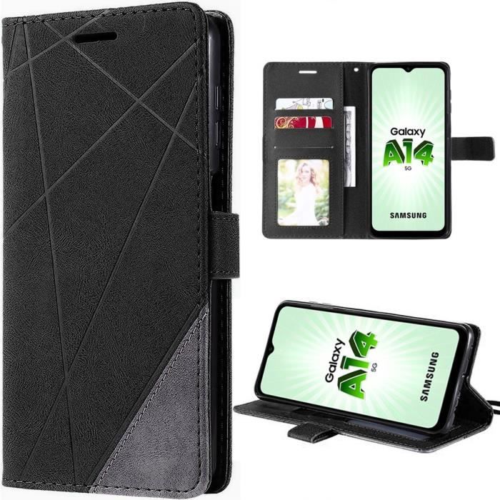 Coque de protection - booling - pour samsung galaxy a14 4g/5g - effet cuir noir - antichoc - portefeuille
