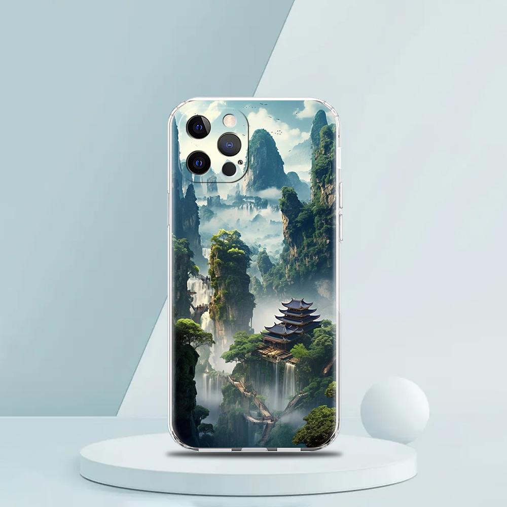 

For iPhone 15 16 14 13 12 mini 11 Pro Max XS X XR SE 7 8 Plus Silicone Clear Cover Landscape Art Luxury Phone Case iPhone 11Pro Max