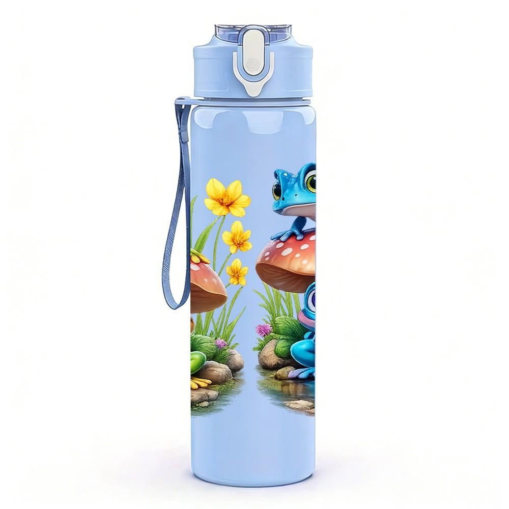 1PC Mushroom House Cartoon Print 750ml Color Plastic Sports Water Bottle Leakproof Flip Straw Lid Suitable for Sports Office Home Use