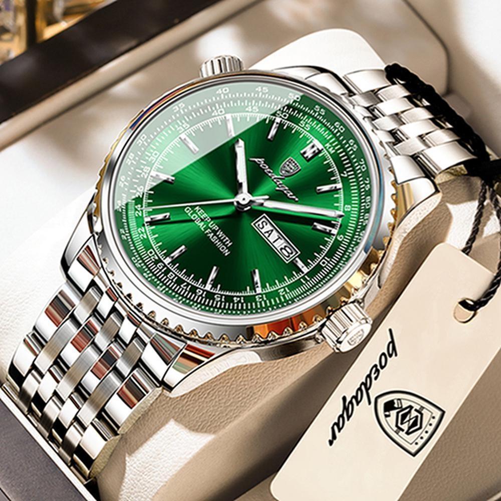 

POEDAGAR Luxury Exquisite Wristwatch For Man Stainless Steel Date Week Quartz Men Clock Waterproof Luminous Sports Men s Watches серебряный/зелёный