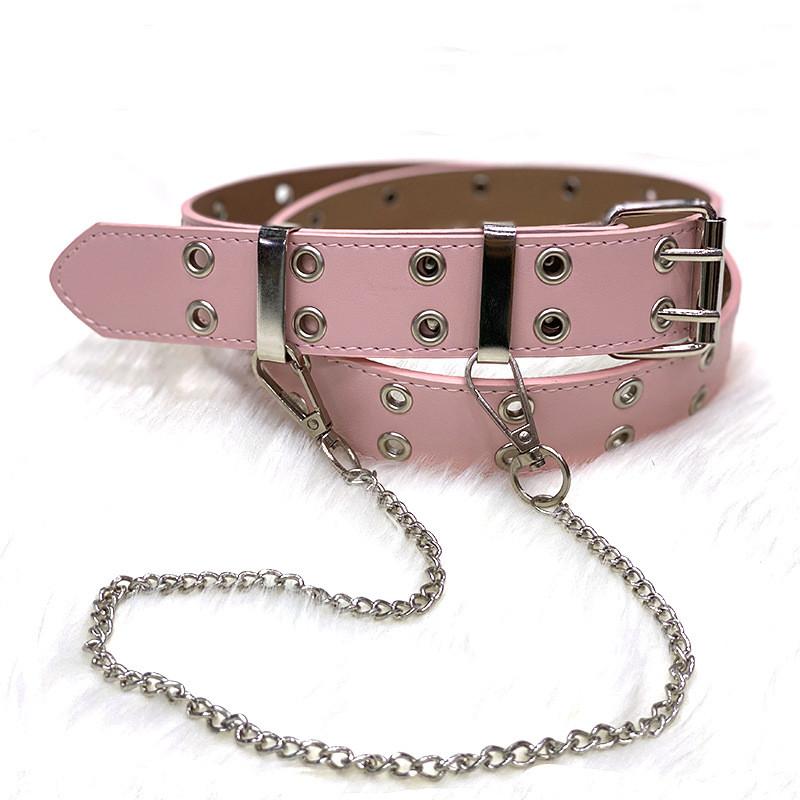 Chic Faux Leather Belt For Casual Denim With Unique Chain Accents Available In Various Fashionable Colors