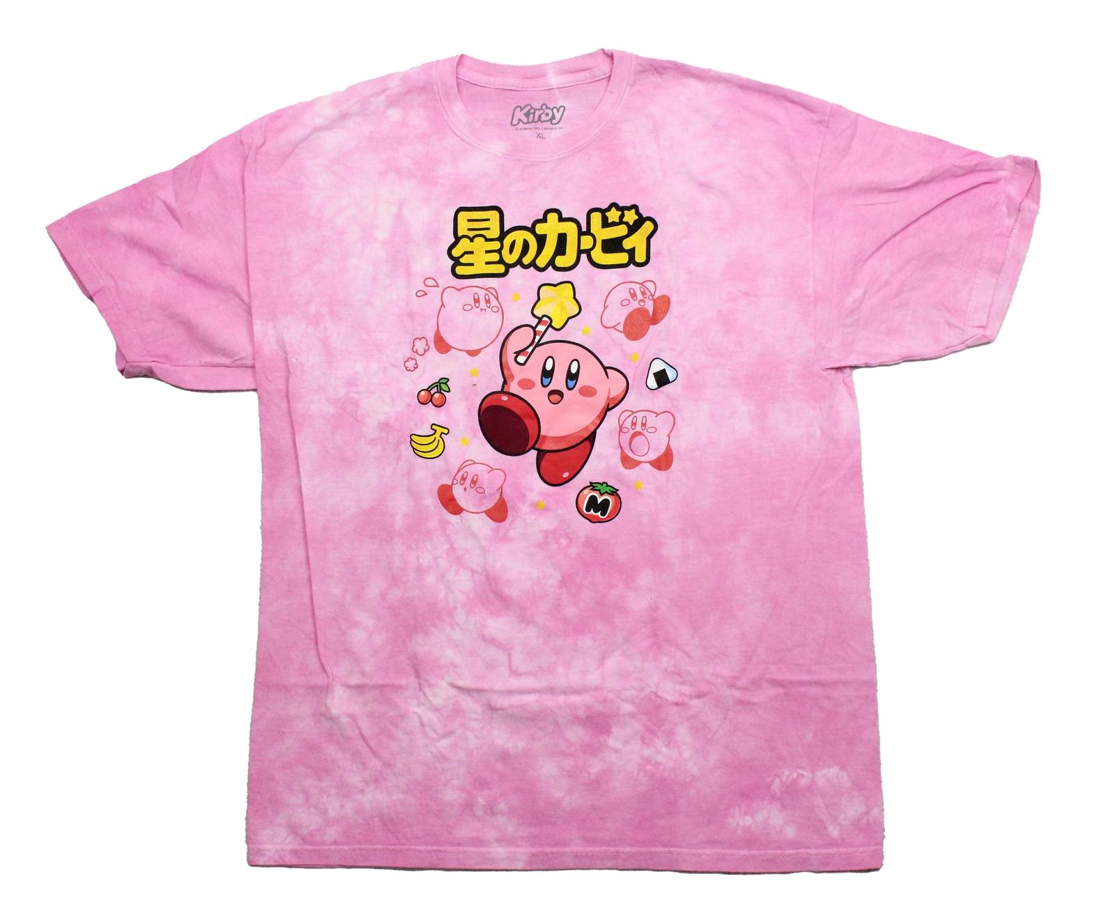 Kirby New Adult T-Shirt -Floating Under Yellow Kanji Surrounded by Fruit Tie Dye L