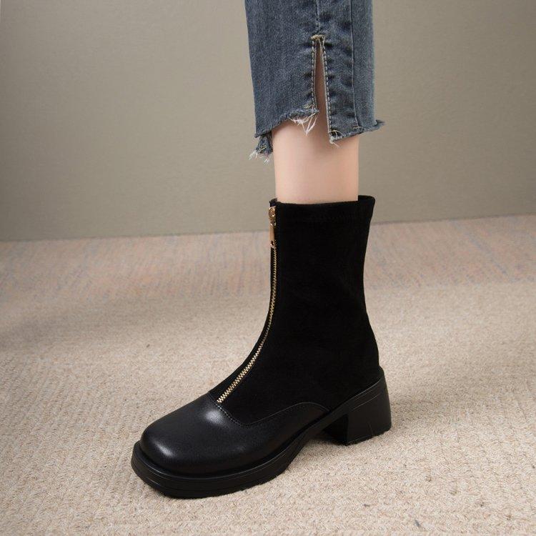 

Ботильоны Мартин на молнии спереди, средней высоты, облегающие, женские, 2025, новые, модные рыцарские ботинки, черные, на толстой подошве, короткие ботильоны Чешир, женские 40 чёрный