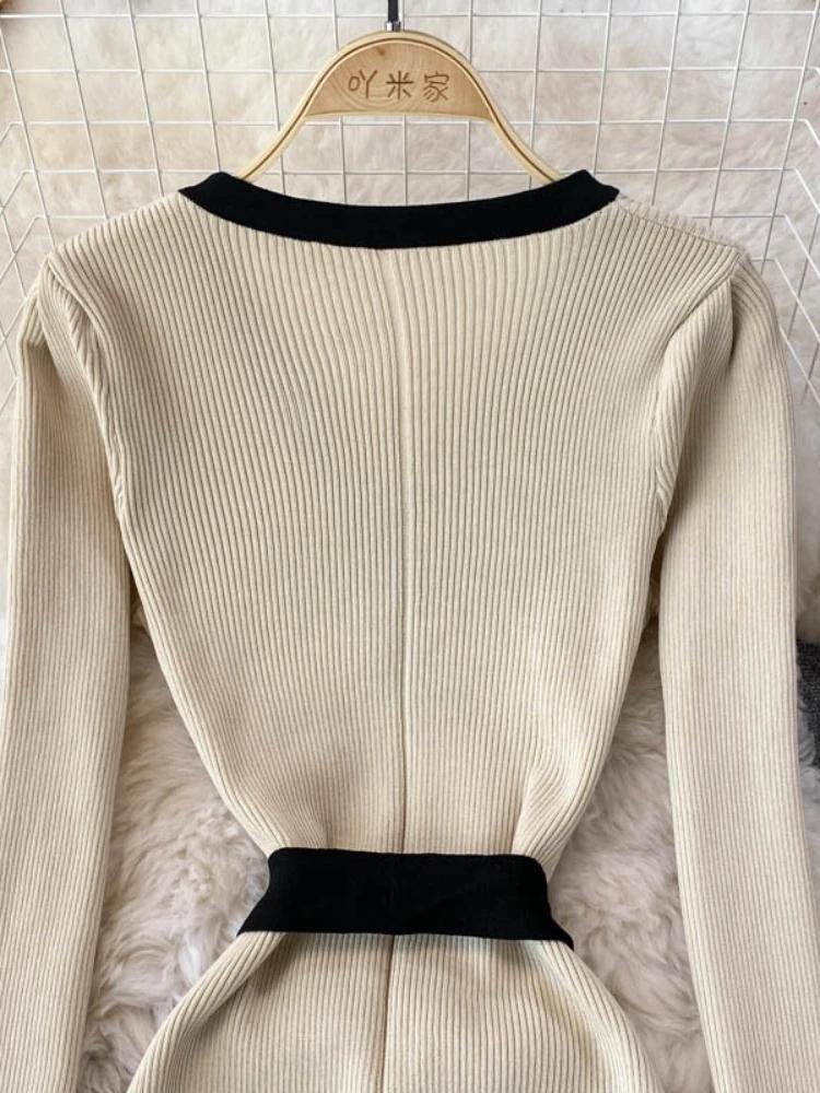 Autumn Elegant Knitting V-neck Long Sleeve Dress Women Fashion Retro Lace Up Bow Dresses Female France Warm Thin Slim Knit Dress New