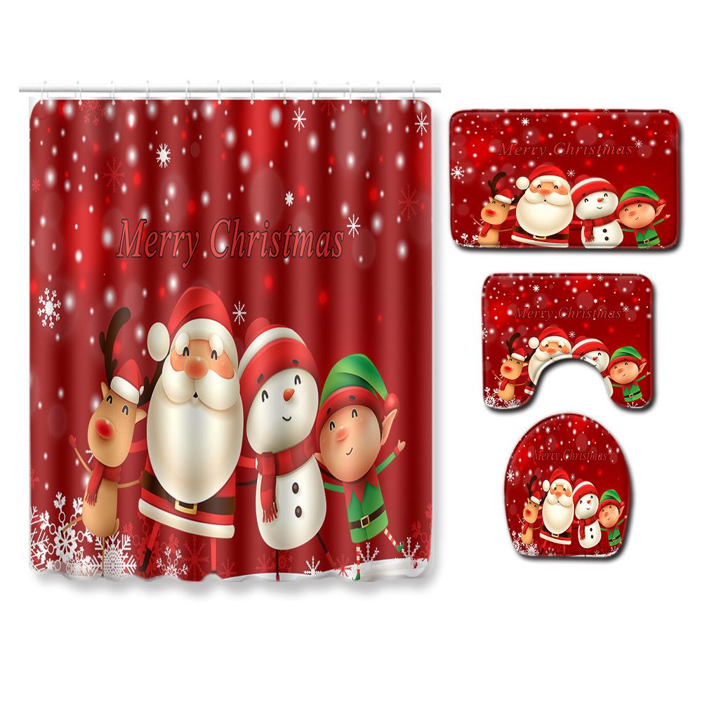 Christmas Shower Curtain Floor Mat Combination Four-Piece Set Bathroom Toilet Carpet Shower Room Mat Foot Mat