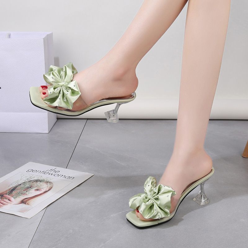 Shoes Black with Bow Rhenstone Sexy Women's Slippers and Ladies Sandals Heel Slides New Collection Unique Small Size Easy Wears