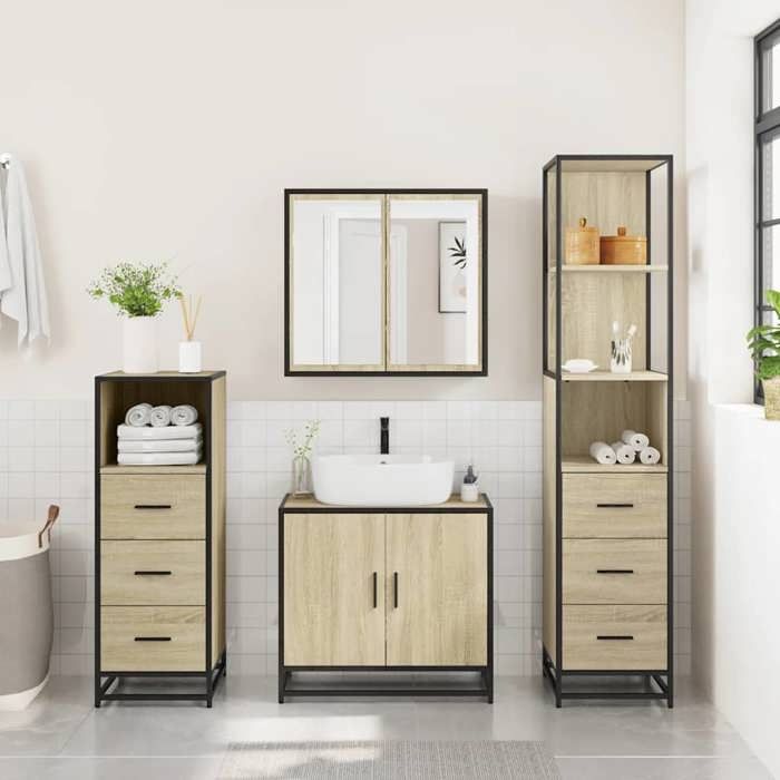 VidaXL Ensemble de meubles de salle de bain 4 pcs chêne sonoma, armoire de salle de bain, armoire de rangement de toilette, 3301246