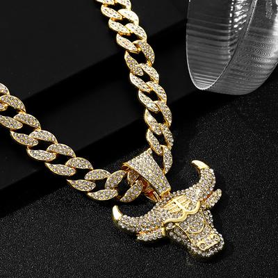Pandantiv Cap de Taur Plin de Diamante Lanț Cuban, Stil Hip-hop Street Rap 15mm Închizătoare Bijuterii Nișă Europeană și Americană Animale Personalizate