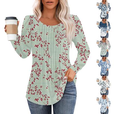 Damenmode Lässig Plissiert Rundhals Vintage Blumendruck Langarm T-Shirt Top