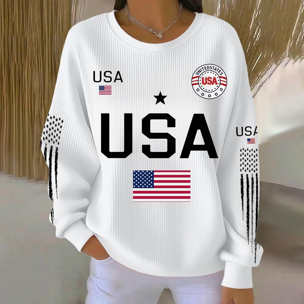 Bluza z długim rękawem z nadrukiem liter USA, z okrągłym dekoltem, casualowa, luźny krój, top dla kobiet, mężczyzn, unisex, wzór flagi