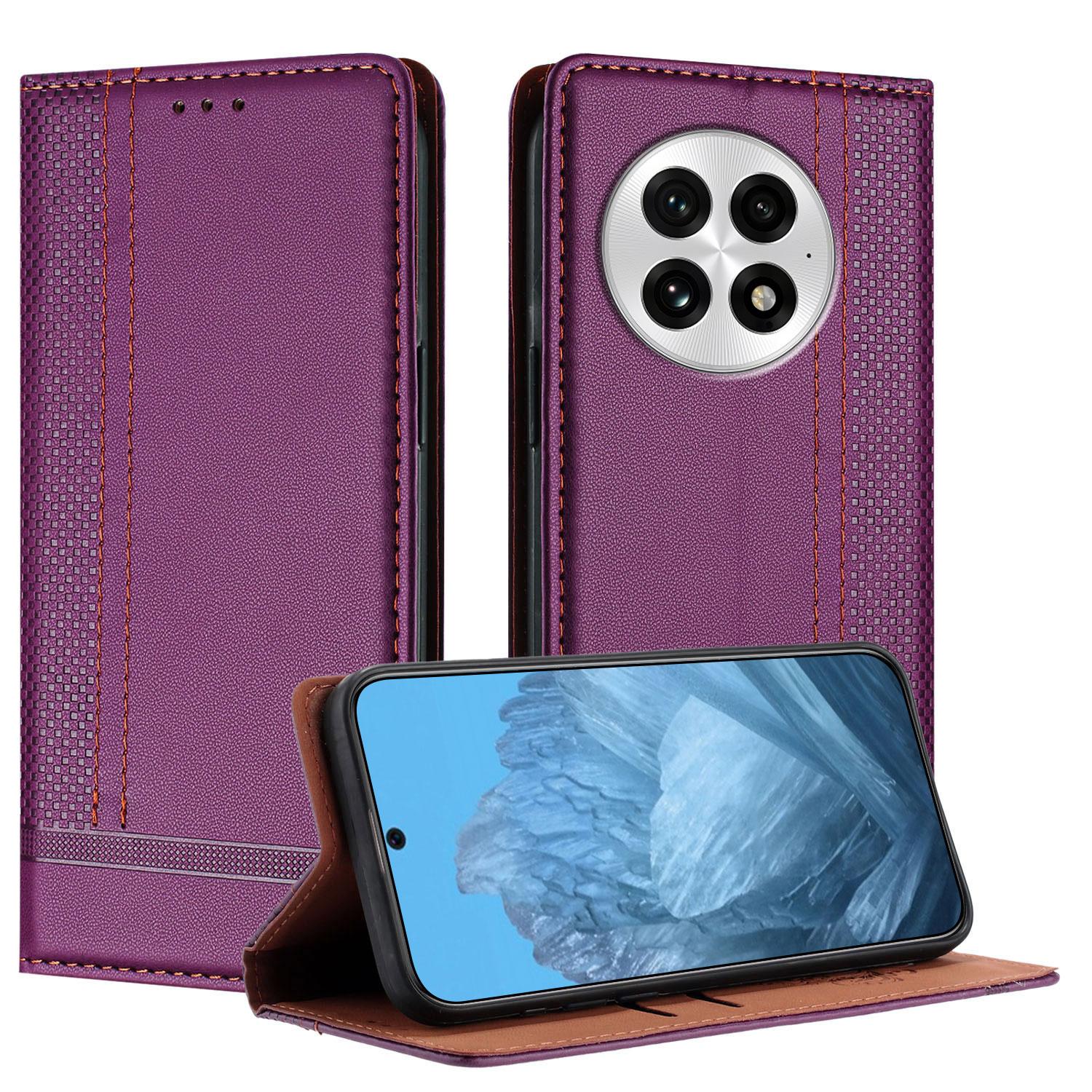 

Чохол для OnePlus 13 зі шкіряною підставкою з L-подібним сітчастим візерунком та слотами для карток Purple