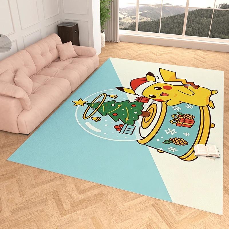 Xmas Tree Snow Globe Pikachu 3D Print Imitation Cashmere Rug, Soft Water Absorbent Mat For Living Room Decor