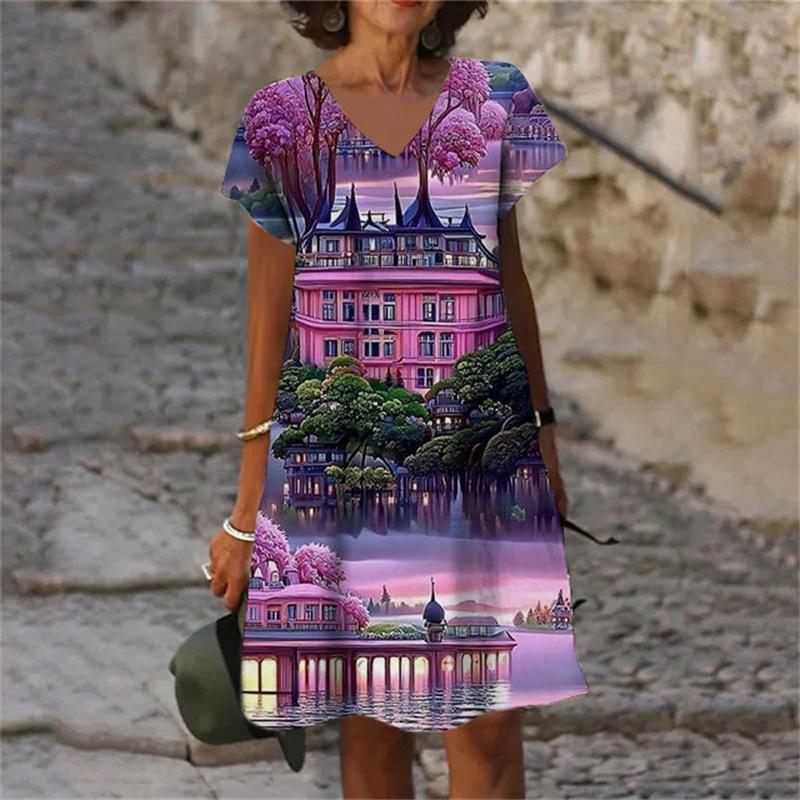 Fantasy 3D Print Women Dress Fashion Elegant Sweet Casual V-Neck Short Sleeve A-Line Dress Oversized Summer Scenery Dress