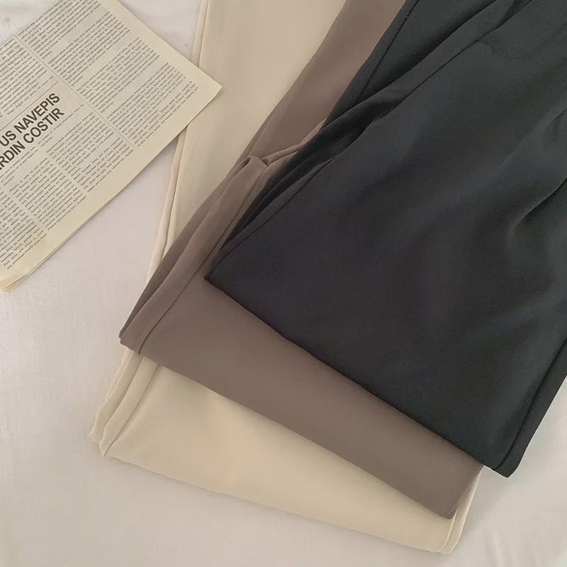 Dámske čierne marhuľové oblekové nohavice s vysokým pásom - Voľné, rovné, ležérne letné širokonohé nohavice