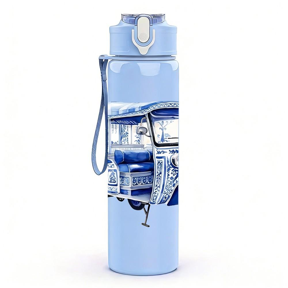 1PC Vintage Blue Truck Retro Pattern 750ml Color Plastic Sports Water Bottle Leakproof Flip Straw Lid Suitable for Sports Office Home Use