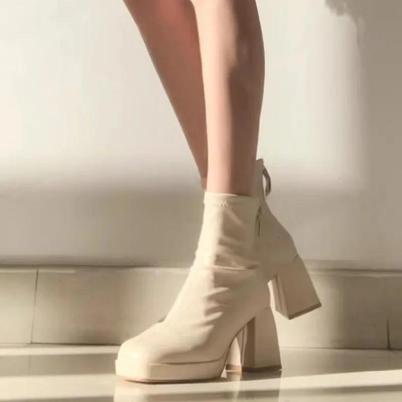 Women's Shoes On Sale 2024 High Quality Zipper Women's Boots Winter Square Toe Solid Dress Short Barrel Block Heel Fashion Boots