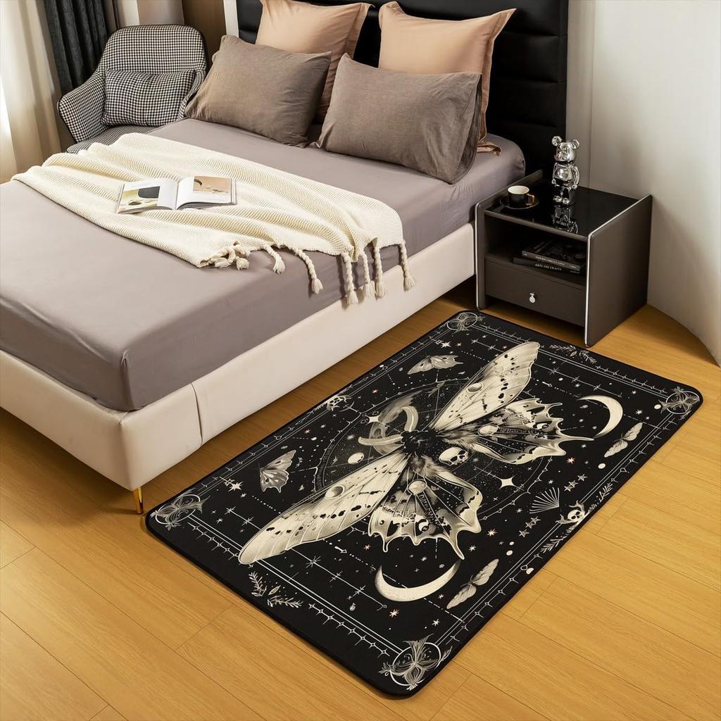 Erosebridal Moth Skull Moon Area Rug 4'11" X 3'3" Bohemian Stars Exotic Living Room Rugs Starry Sky Mysterious Decorative Carpet Black and W
