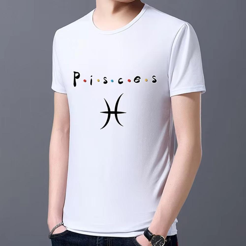 Fashion Men's Classic White T-shirt Twelve Constellation Print Pattern Series Casual Round Neck Commuter Comfortable Men's Shirt