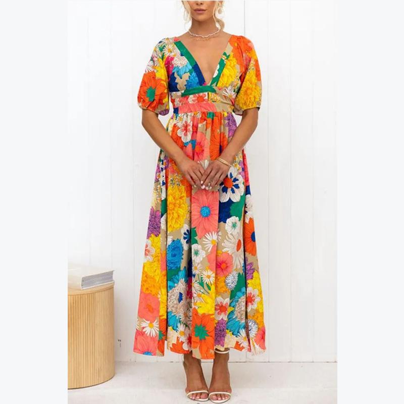 

Летнее модное новое элегантное женское платье с v-образным вырезом и французским принтом, с объемными рукавами, длинное платье с лепестками цветов и ветров для отдыха и отпуска 2XL разноцветный