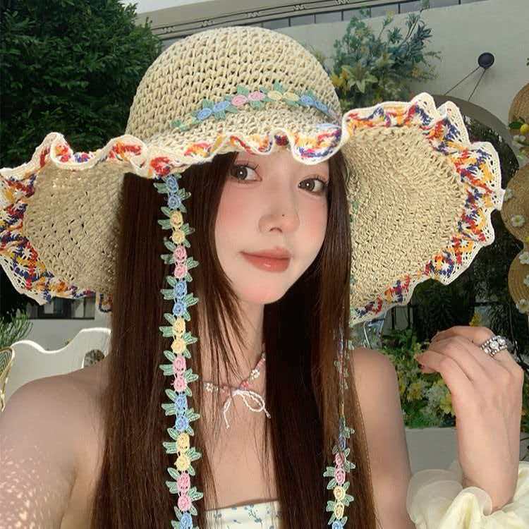 Ethnic style big brim straw hat women's summer seaside vacation beach hat sunshade sunscreen bucket hat straw sun hat