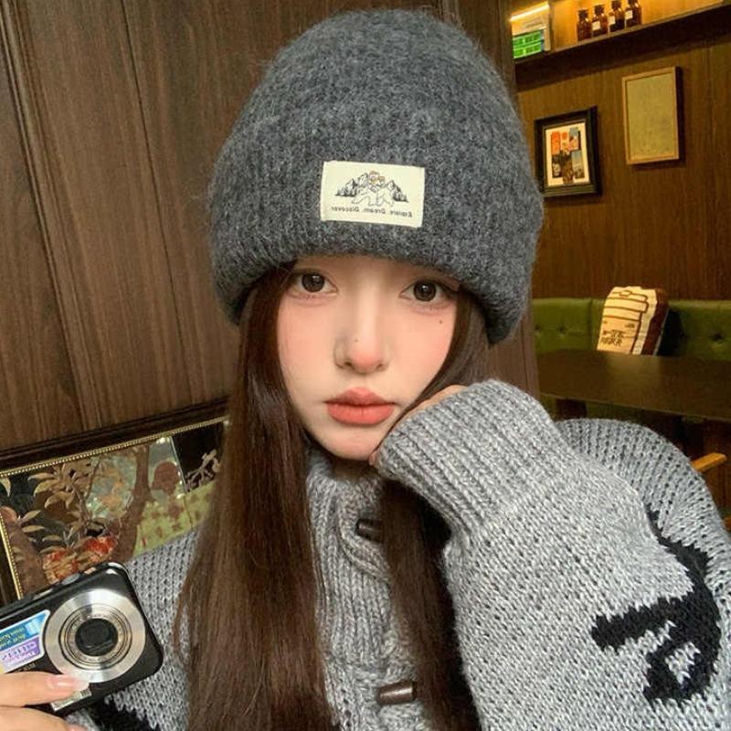 Winter Warm Knitted Hat Fashionable and Versatile Embroidered Label Knitted Hat Outdoor Cold Proof and Velvet Dome Hoodie