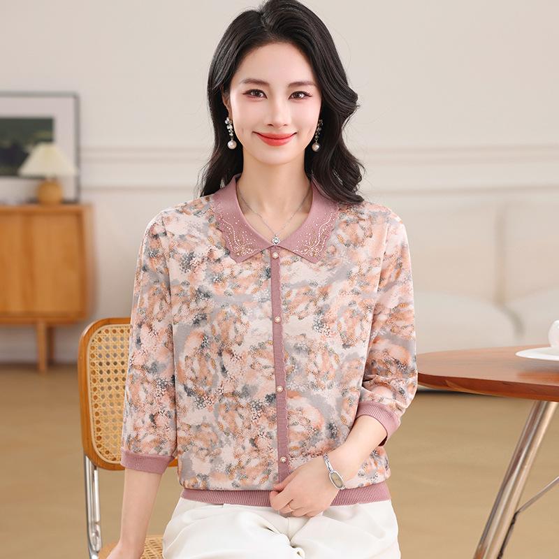 

2026 Spring/Summer Tencel Floral Lapel 3/4-Sleeve Ice Silk Top for Mothers 2XL (recommended 55-60 kg) кофейный