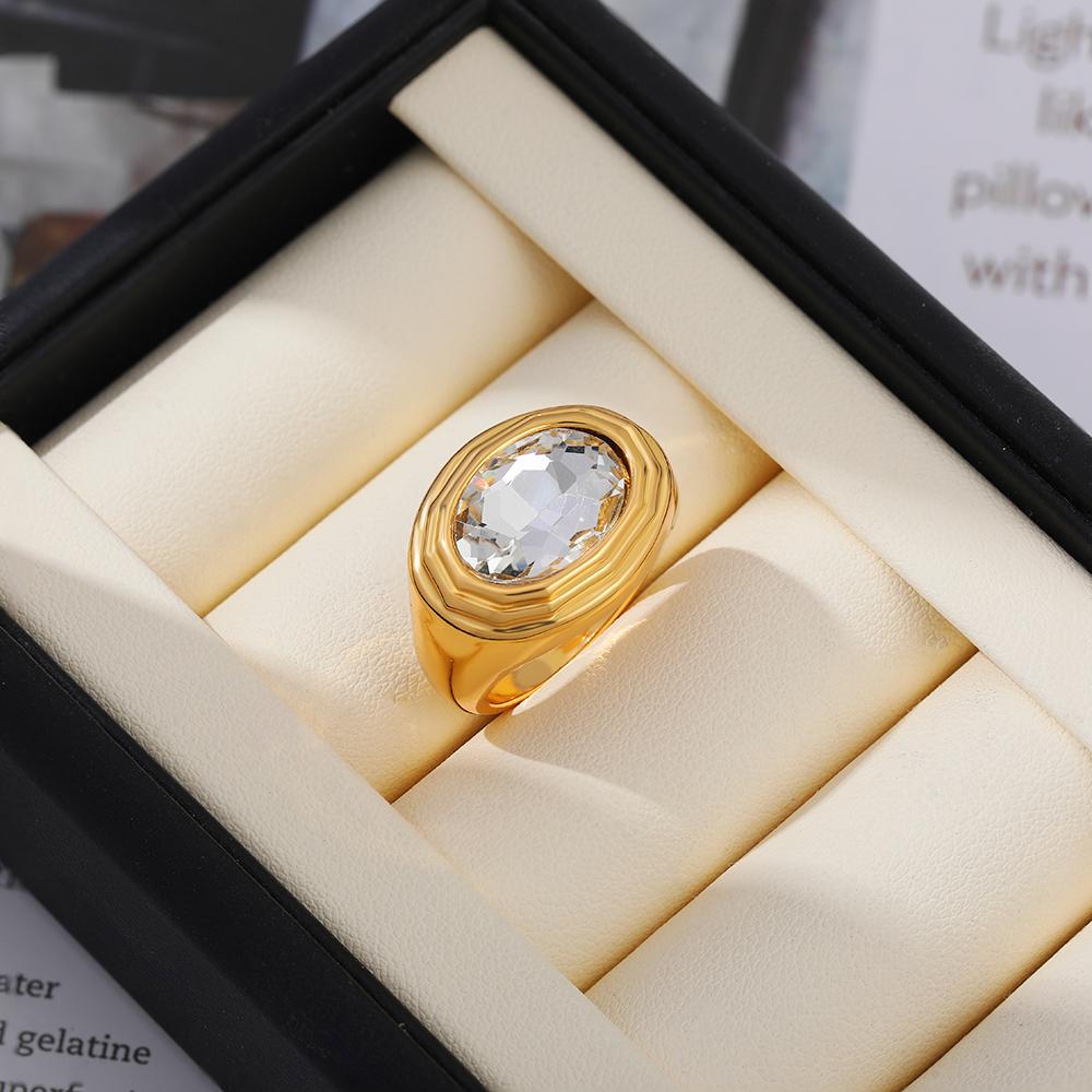 Statement Vintage Oval Big Zircon Ring for Women Gold Plated Stainless Steel Delicate Finger Ring Luxury Jewelry Wedding Gift