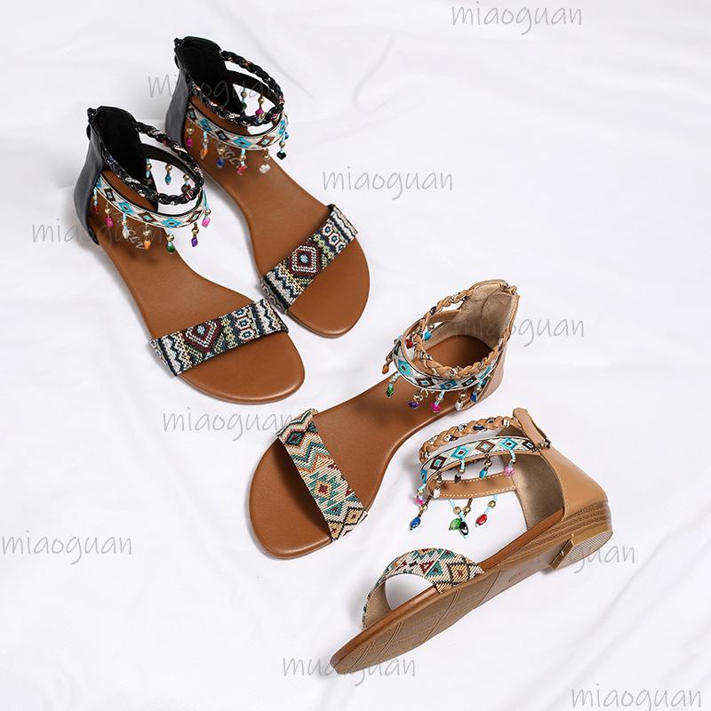 Women's Sandals 2025 Summer Back Zipper Beaded Tassel Women Shoes Ethnic Style Roman Sandals Bohemian Sandalias De Mujer