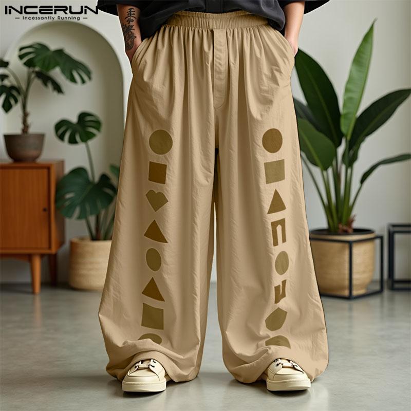 INCERUN Men Casual Loose Elastic Waist Print Long Wide Legs Pants Trousers