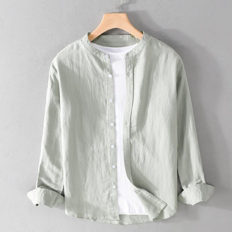Leinen Herren Frühling und Sommer Stehkragen Langarm Modisches Herrenhemd Baumwolle Leinenhemd für Herren Vintage Urlaubshemden