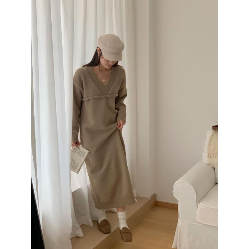 Retro long fake two-piece sweater long-sleeved dress loose and lazy style thin versatile pullover sweater women