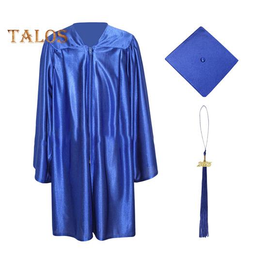 2 Pcs/Set Children Bachelor Uniform with Hat V Neck Knee Length Long Sleeve Zipper Closure Pleated Liberal Arts Student Graduation Robe Graduation