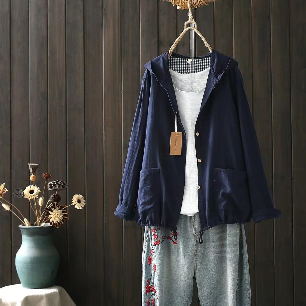 Cotton Yarn Shirts Large Size Tops Women Japan Style Hooded Long Sleeve Shirts and Blouses Loose Hoodies Outwear
