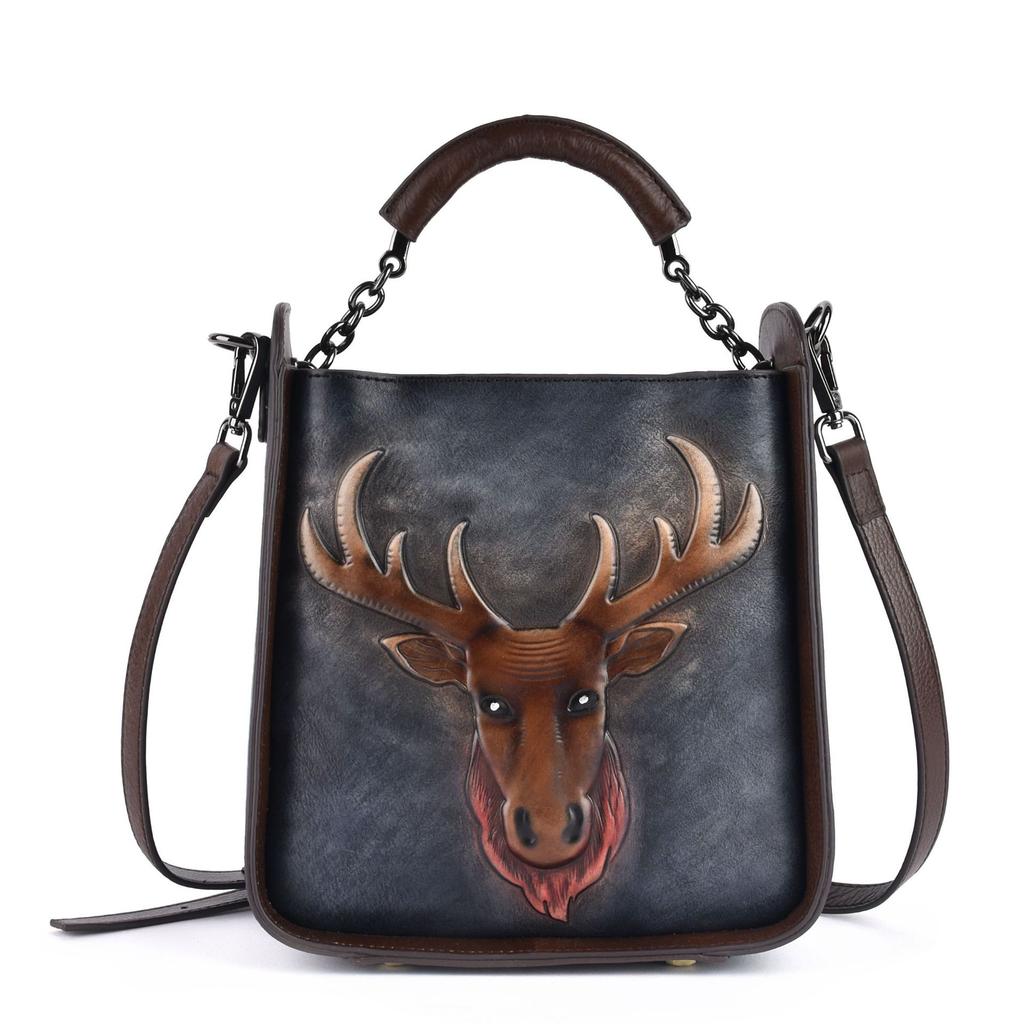 First Layer Cowhide Leather Retro High-end Trend Export European and American Hand-held Diagonal Cross Bag Women's Bucket Bag