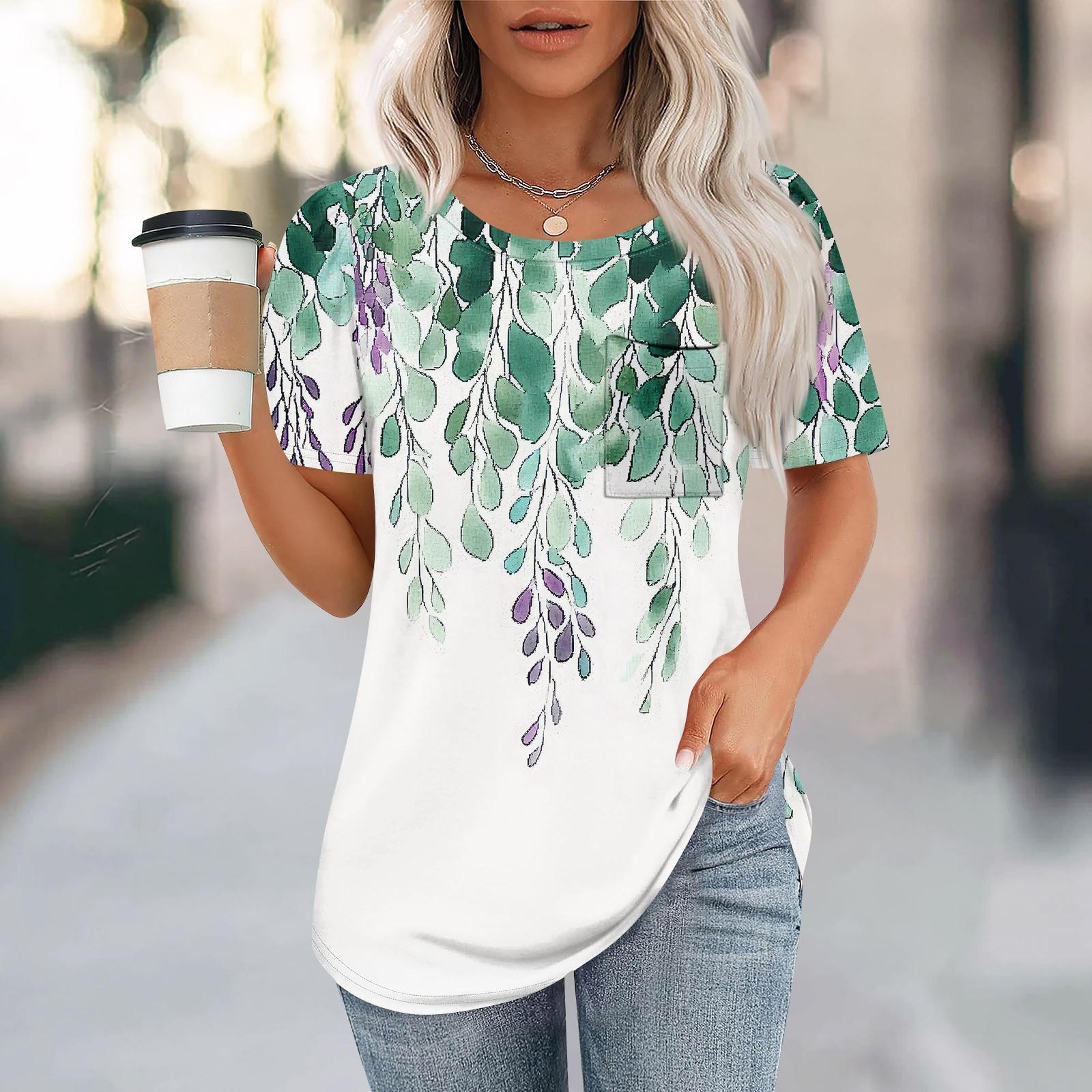 

Футболки для жінок плісировані з круглим вирізом Одягнені повсякденні блузки з принтом з короткими рукавами Літні топи вільного крою M