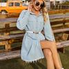 GMXIA Ensfarget trykk Høst Vinter Vintage Vask Denim Løs Uformell Langermet Pelsskjørt Kjole for kvinner