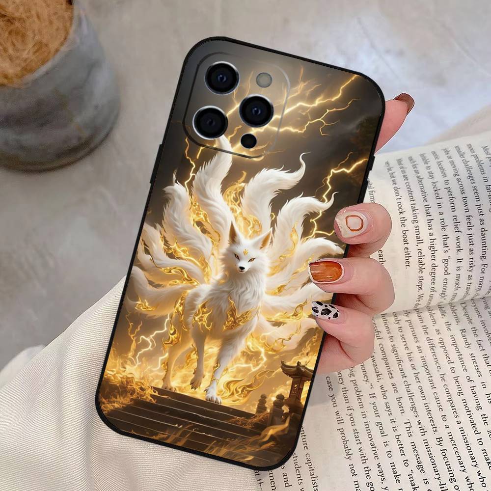 Neunschwänziger Fuchs Handyhülle Für iPhone 17,16,15,14,13,12,11 Plus,Pro Max,XS,Weiche Silikon Schwarze Hülle