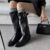Medium Boots Women Winter Retro Inner Heightening Folds Piled Shoe Round Head Low Heel Belt Buckle Knight Boots Long Shoes Women