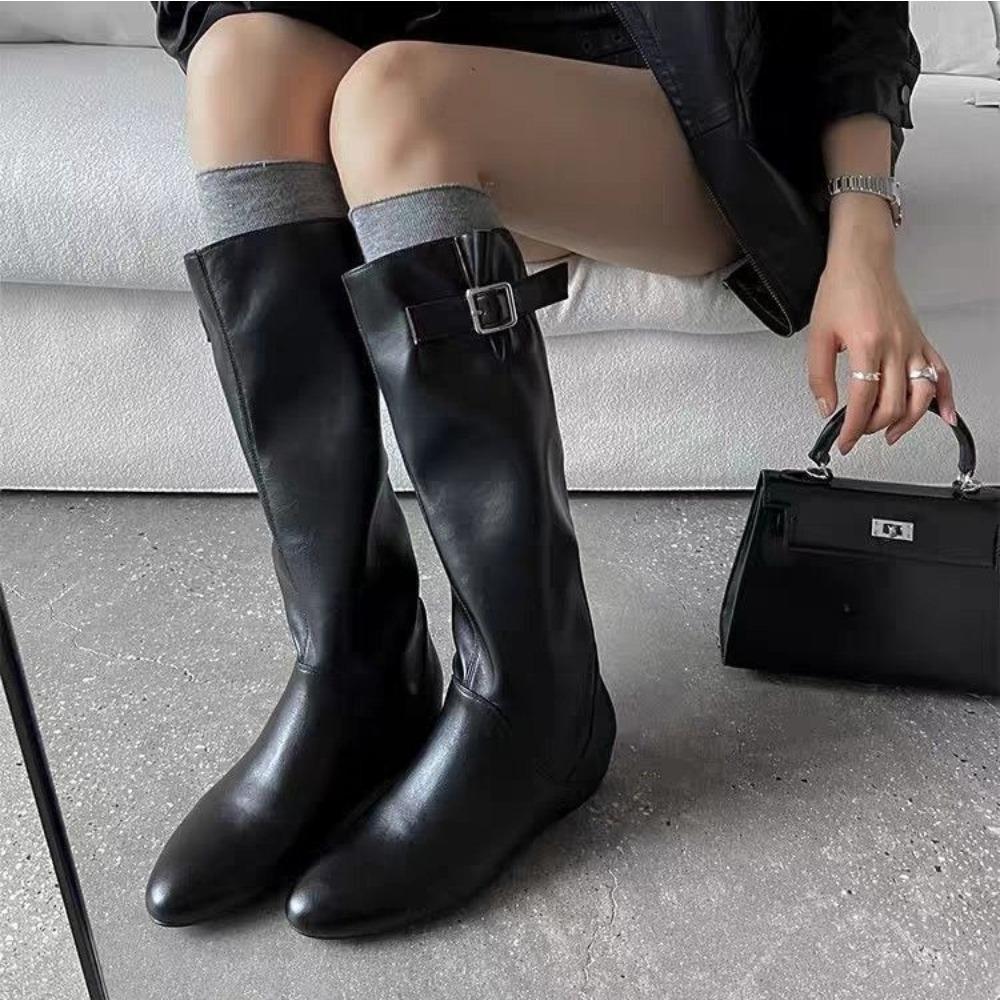 Fashion Medium Boots Women Winter Retro Inner Heightening Folds Piled Shoe Round Head Low Heel Belt Buckle Knight Boots Long Shoes Women