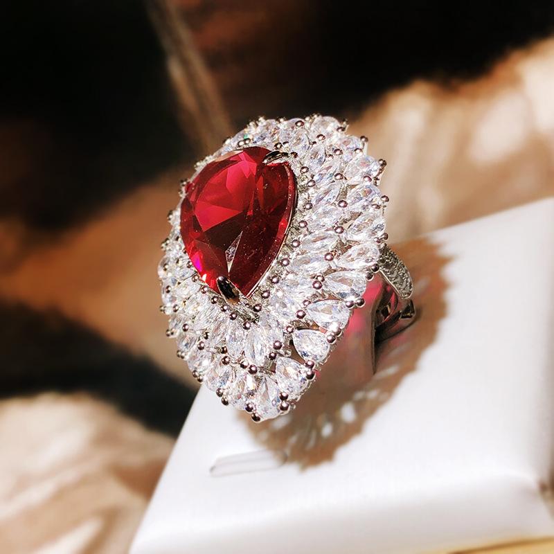 Elegant Generous Pigeon Blood Drops Full Diamond Ring Female  Silver Temperament Red Diamond Ring Party Wedding Birthday Gift