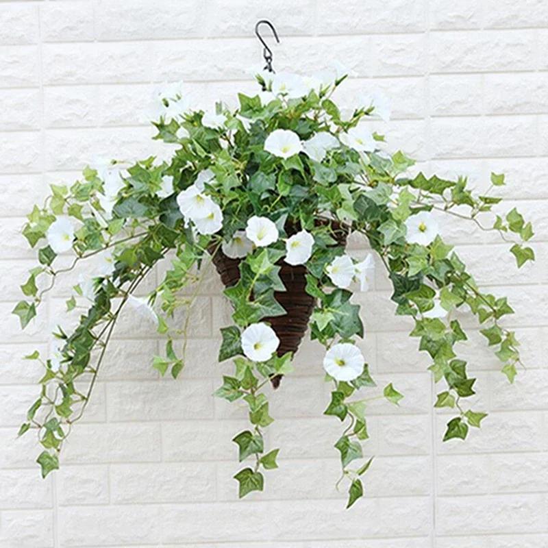 Artificial Morning Glory Trumpet Fake Plant Rattan Plastic Flower Wall Hanging Orchid Home Balcony Garden Outdoor Decor