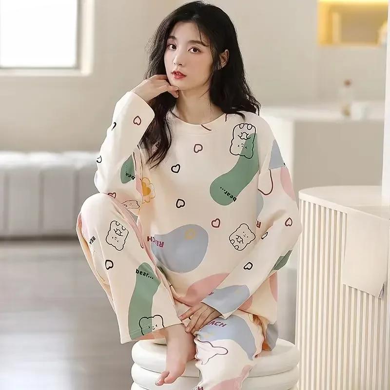 Herbst Frühling Frauen Neue Pyjamas Set Langarm Rundhals Frau Nachtwäsche Pringitng Mädchen Casual Loungewear