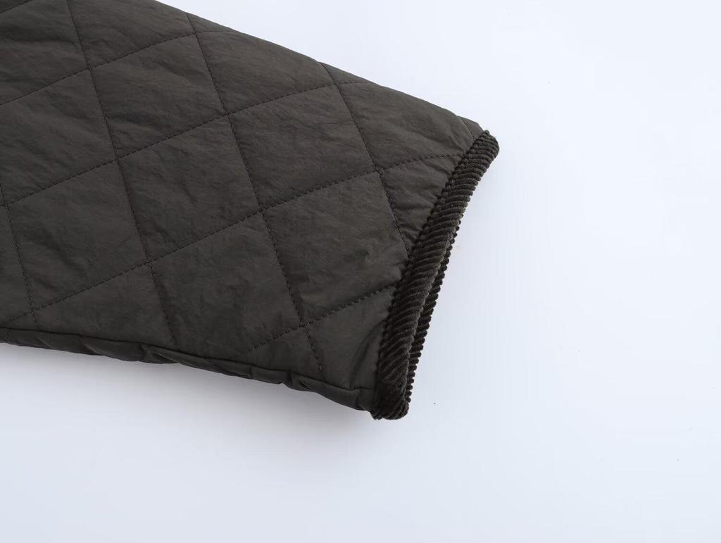 2024 Autumn Women's European & American Style High Neck Diamond Pattern Short Cotton Jacket