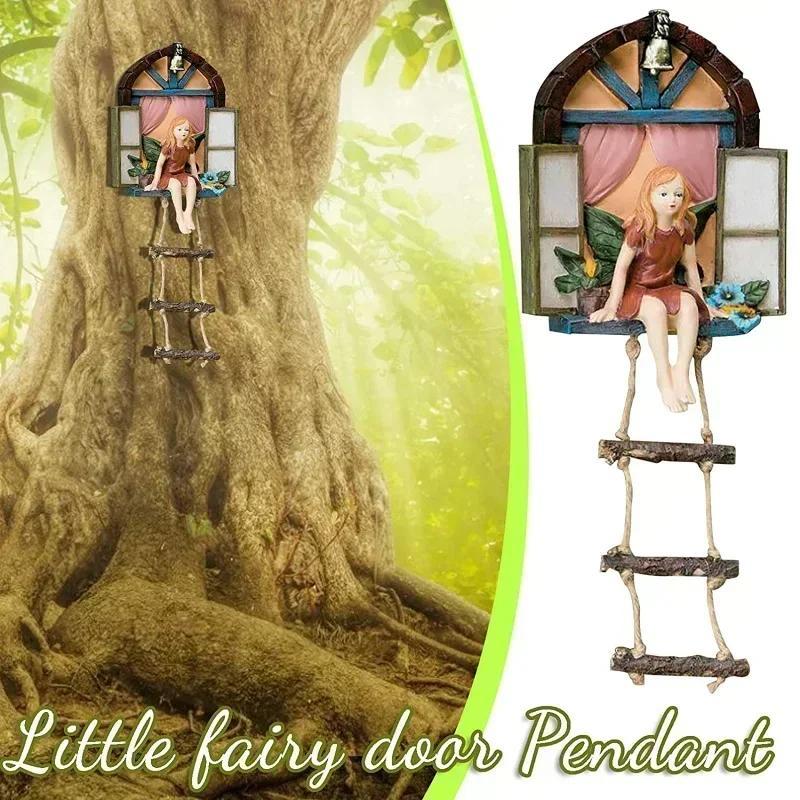 1 Pcs Home Garden Decor Fairy House Tree Hanging Sculpture Window Ladder Resin Statue Figurine Outdoor Ornament Yard Art Decor